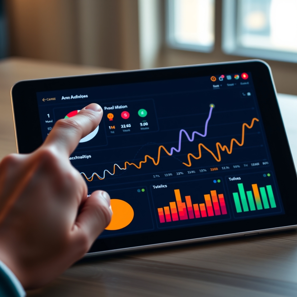 A warm, inviting dashboard on a tablet showing colorful analytics graphs, with a hand pointing at a key metric that has an upward trend.