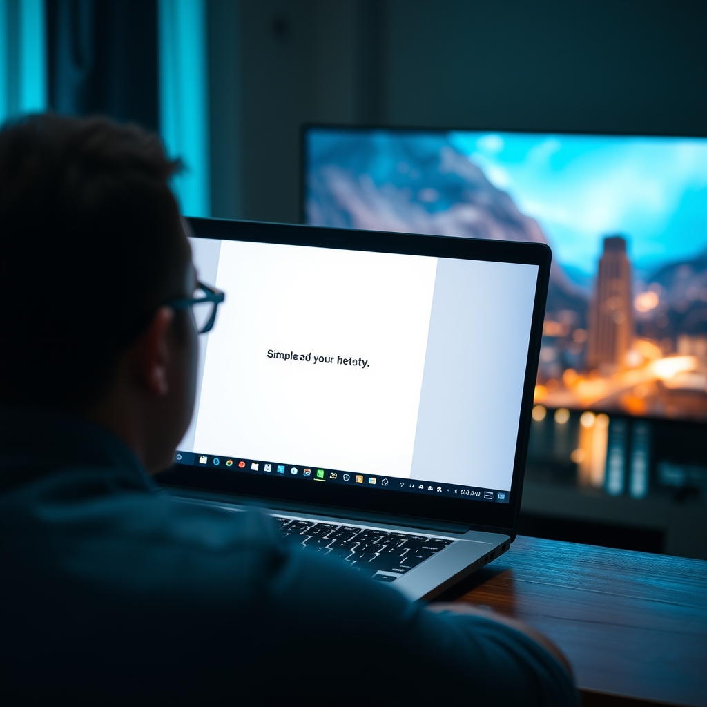 A person looking thoughtfully at a laptop screen showing a simple text prompt, with beautiful video visuals magically generating on the screen beside it.