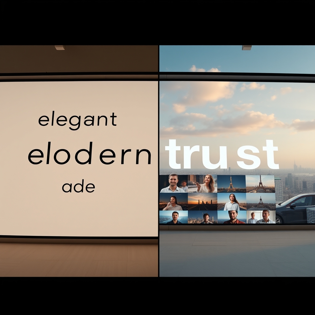 Split-screen showing a mood board with words like 'elegant', 'modern', 'trust' on one side, and AI-generated video clips perfectly matching those moods on the other.