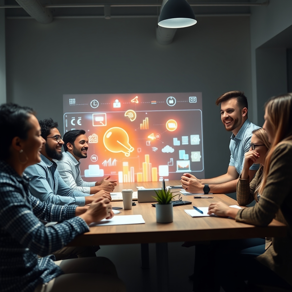 A diverse team of people brainstorming and laughing around a table, with an AI video generation interface projected on the wall showing their ideas coming to life.