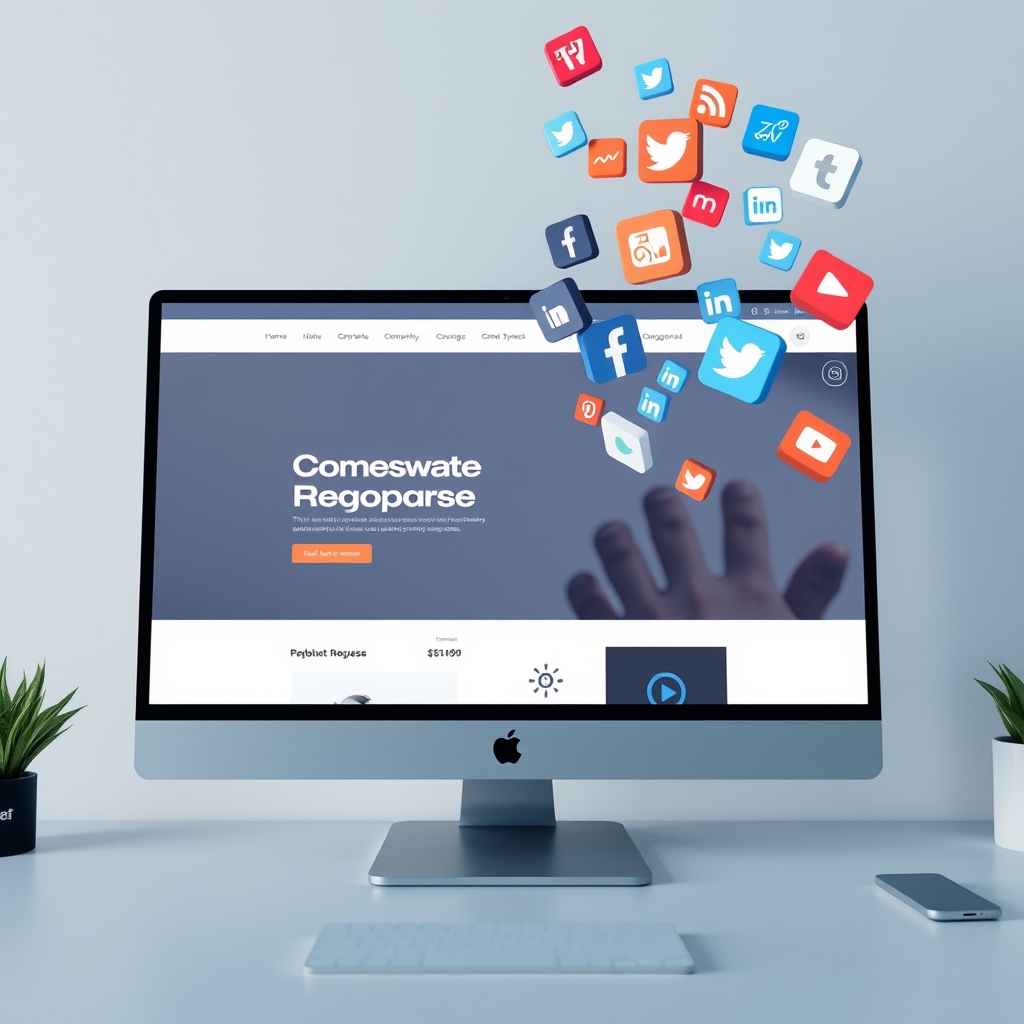 A modern, sleek website homepage on a desktop screen, with subtle animations. Various social media icons are floating towards the website, symbolizing convergence.