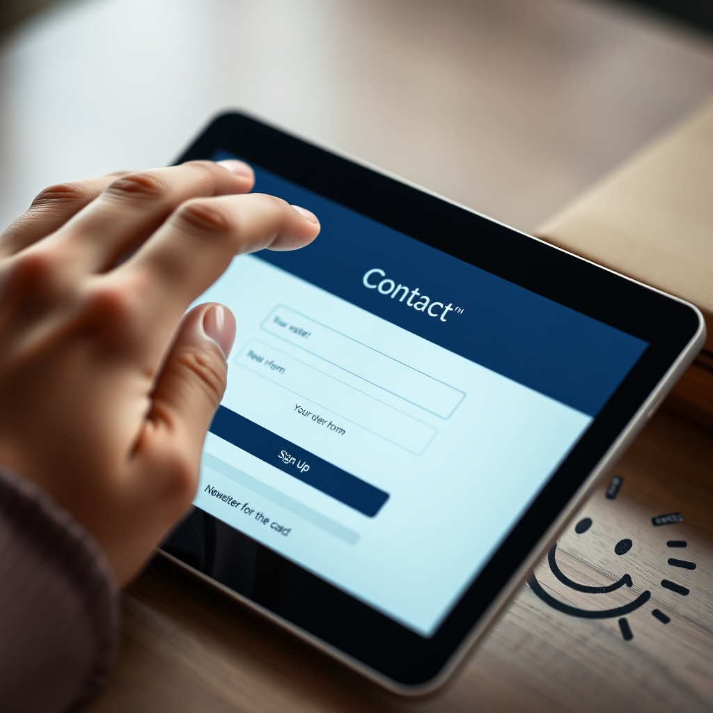A close-up of a person's hand interacting with a tablet showing a beautifully designed contact form or a newsletter sign-up on a website, with a smiley face doodle nearby.