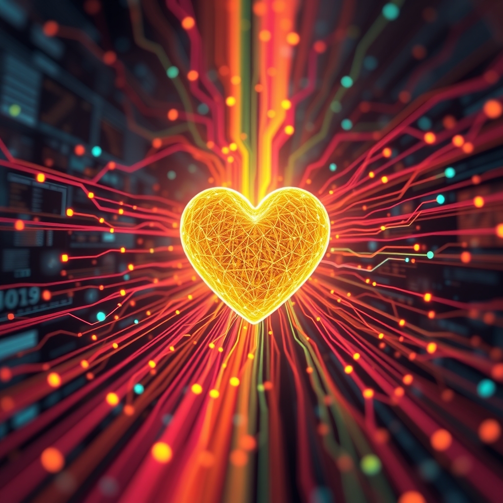 An abstract visualization of data and user pathways flowing into the center of a vibrant, glowing heart shape, representing the website as a hub.