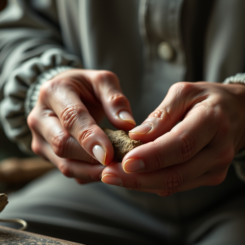 A close-up of hands carefully crafting a simple product, with soft light highlighting the texture and intention behind each movement.