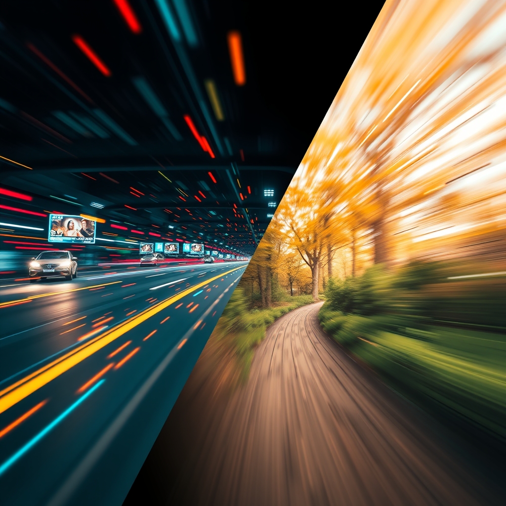 A split-screen showing a vibrant, fast-paced tech video on one side and a serene, slow-motion nature shot on the other, illustrating contrasting brand philosophies.