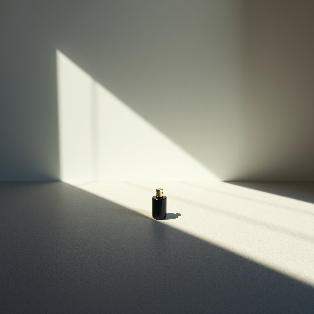 A minimalist scene of a single product placed on a textured surface, with dramatic shadow and ample empty space, evoking a sense of focus and philosophy.