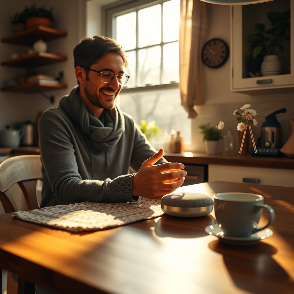 A cozy morning scene at a sunlit kitchen table, where a person smiles while using a beautifully designed smart speaker that seamlessly blends into the home decor, with a cup of coffee nearby.