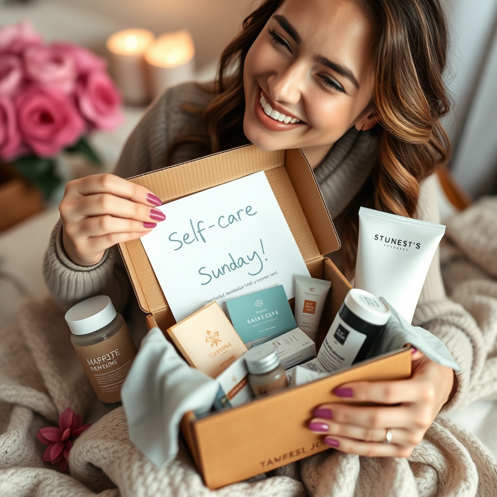 A person happily unboxing a subscription box, surrounded by curated products that tell a cohesive story for a 