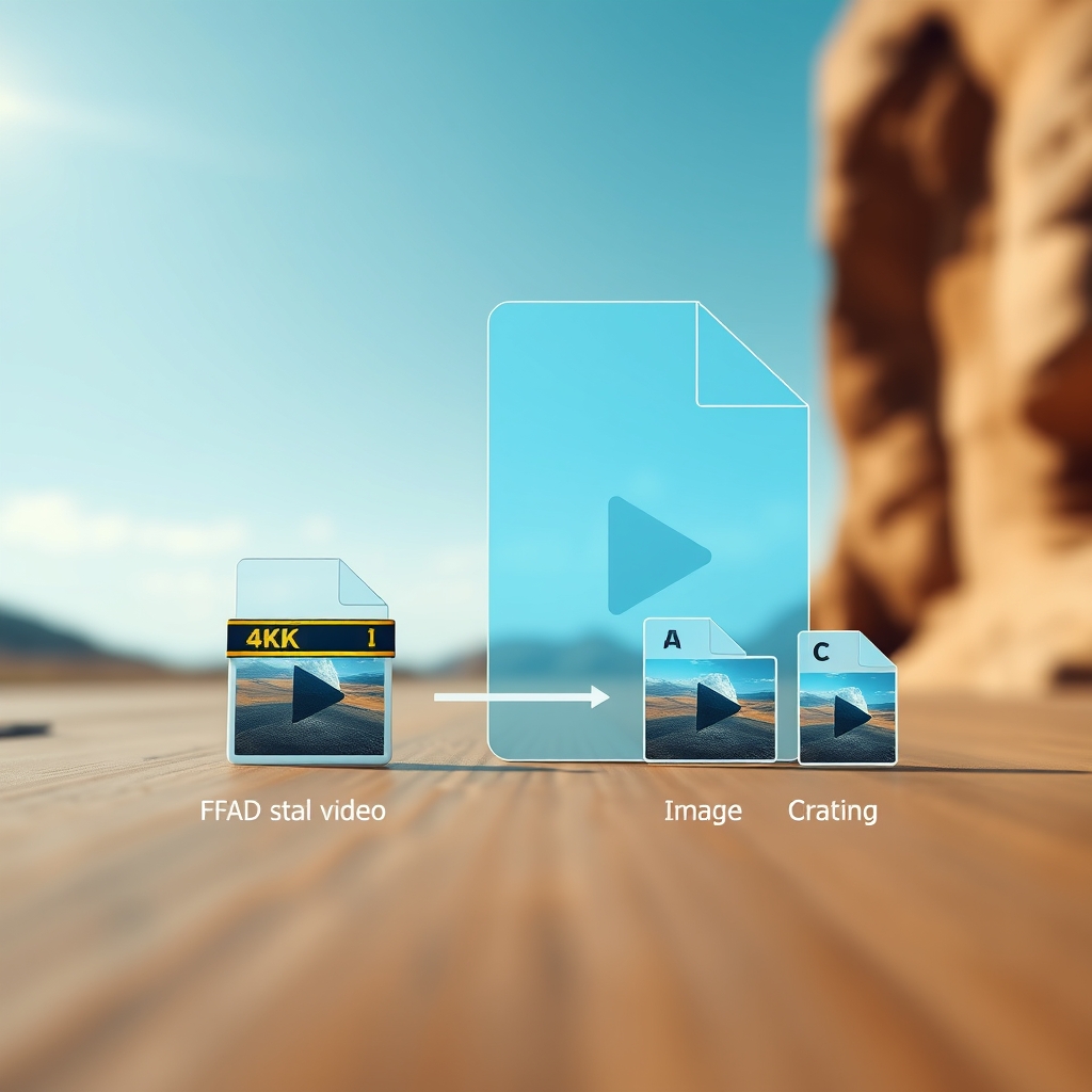 A visual metaphor showing a large video file being compressed into a smaller, streamlined version while maintaining crystal-clear image quality, with tools like FFmpeg or online compressors in the background.