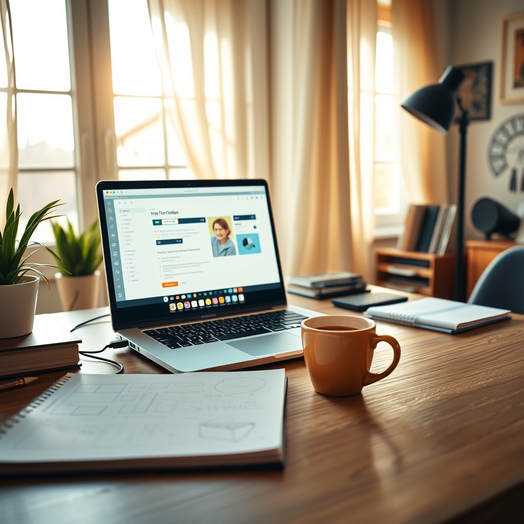 A cozy, sunlit home studio desk with an open laptop showing a creative interface, a cup of coffee, and a notebook with sketches, conveying a warm and inspiring atmosphere.