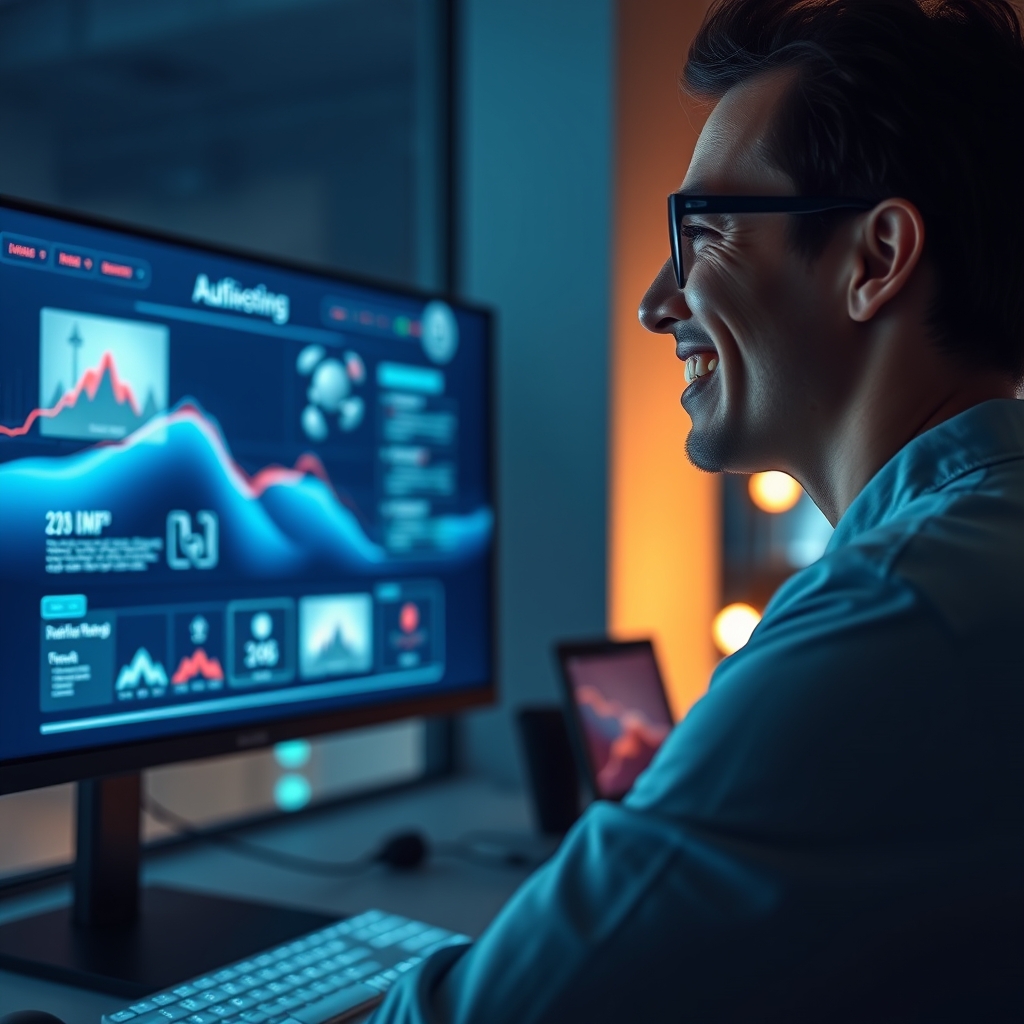 A person smiling while looking at a finalized, beautiful design on a large monitor, with a subtle AI assistant interface glowing softly on a secondary screen, symbolizing successful collaboration.