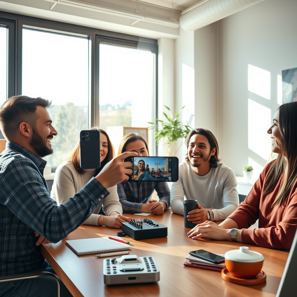 A cozy, sunlit office where a small team is laughing while casually filming a short video on a smartphone, with a product prototype visible on the table.
