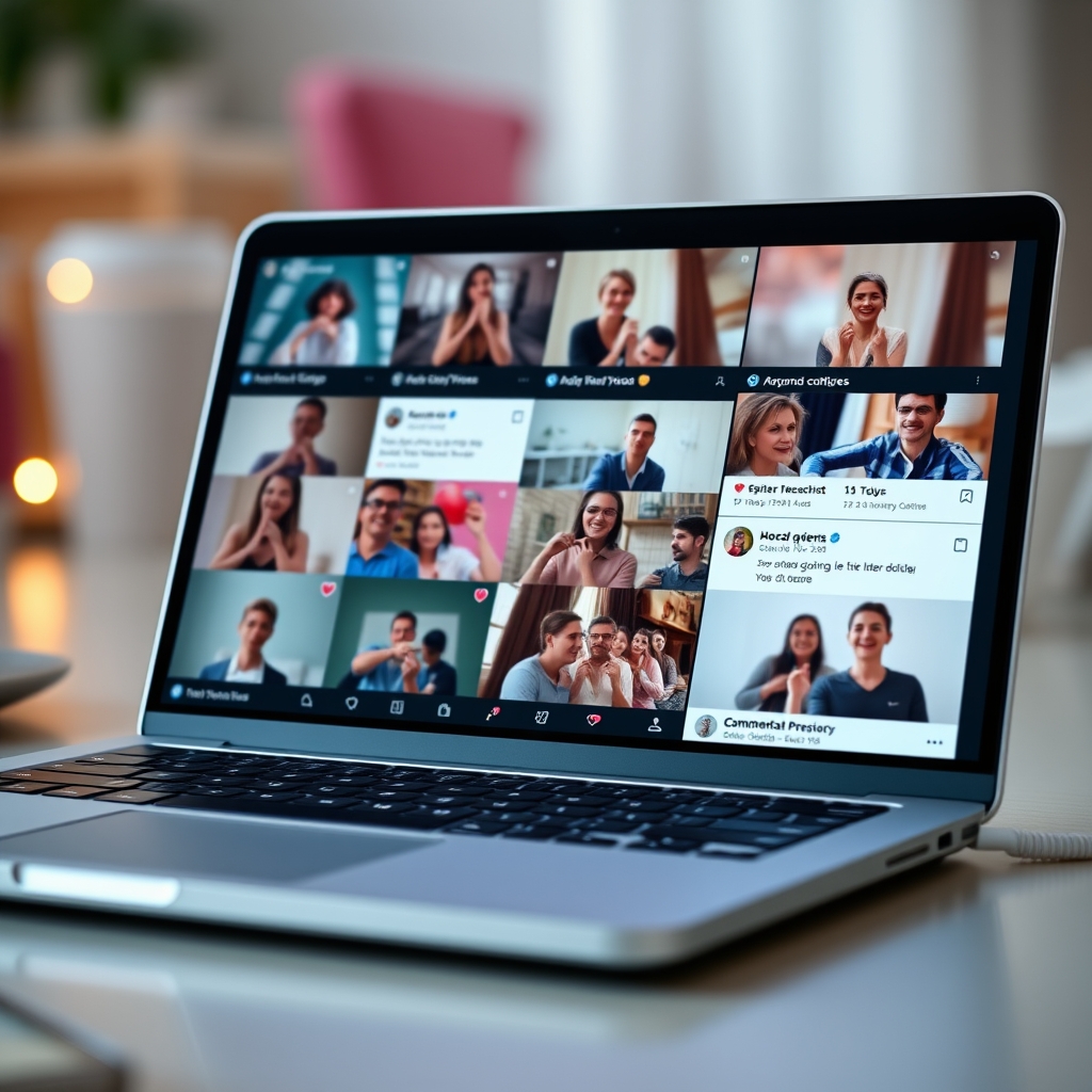 A vibrant social media feed on a laptop screen, showing various user-generated video submissions with heart emoji reactions and comments.