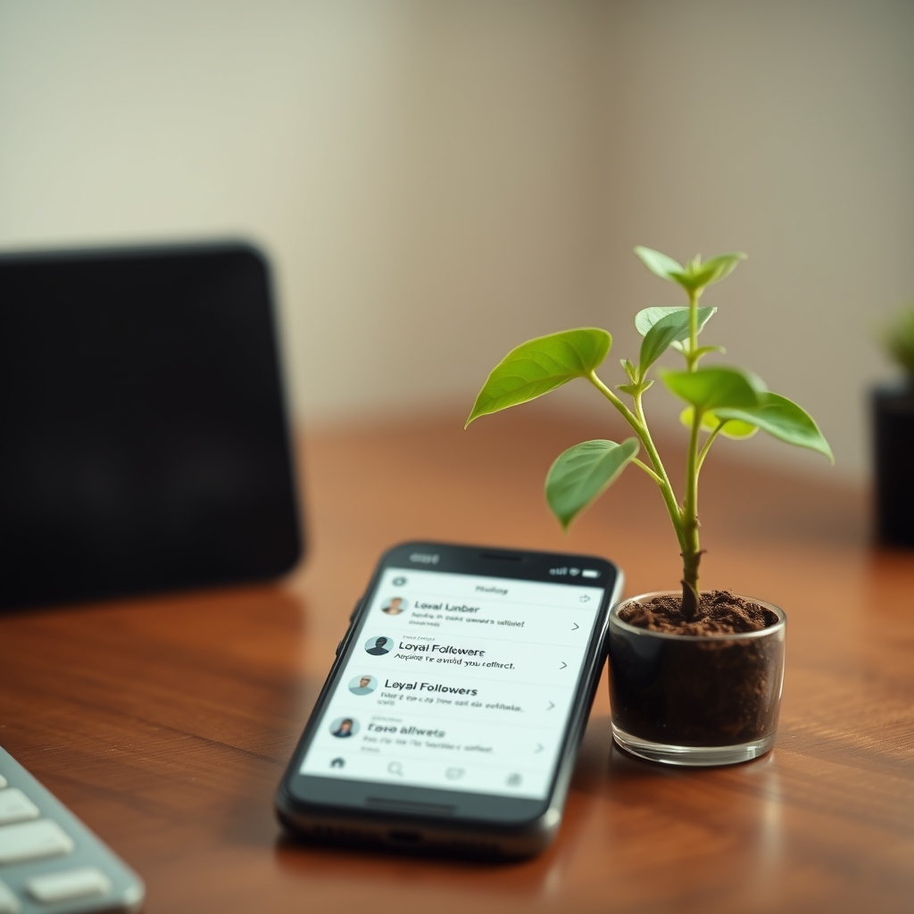 A peaceful time-lapse of a plant growing on a desk beside a phone displaying a growing number of loyal follower notifications, symbolizing gradual brand growth.