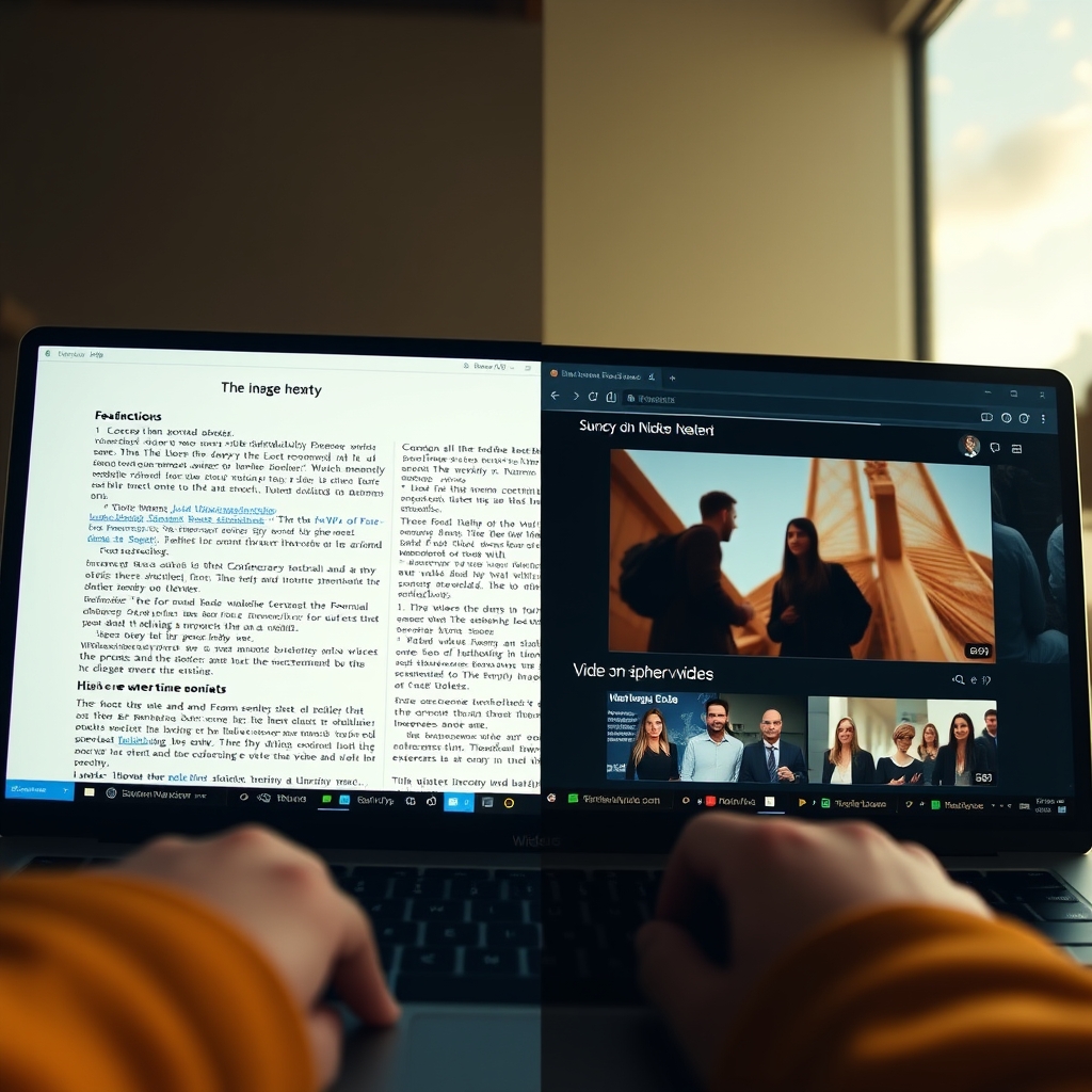 A split-screen comparison showing a text-heavy webpage on one side and a video-centric webpage with higher user engagement metrics (like time on site) on the other.