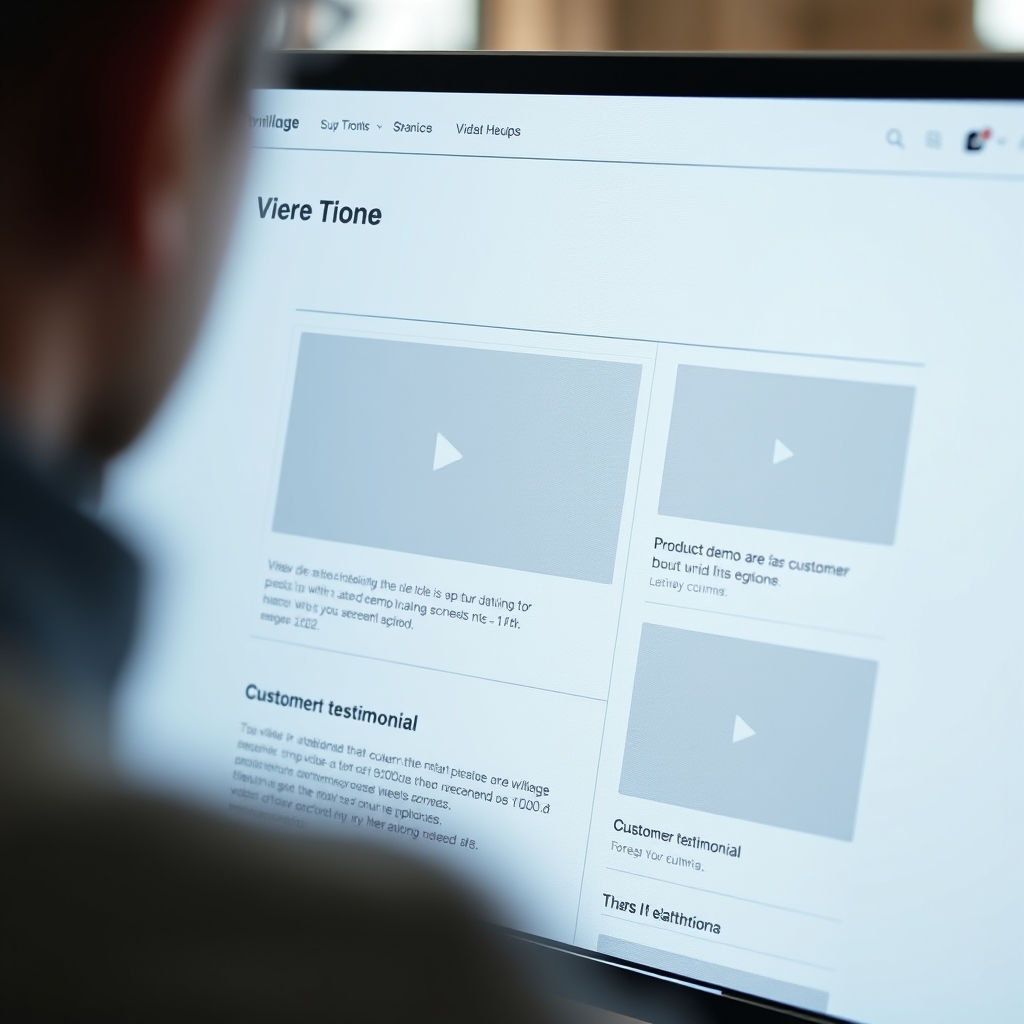 A close-up of a web designer's screen showing a wireframe, with video placeholder icons thoughtfully placed in the hero section, product demo area, and customer testimonial section.