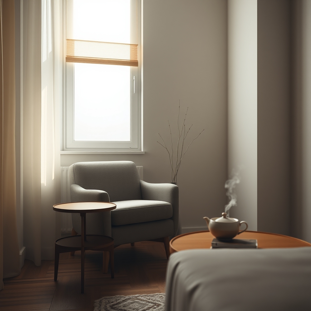 A softly lit, serene room with minimalist furniture, a single comfortable chair by a window with gentle light streaming in, a cup of steaming tea on a small wooden table, conveying deep calm and a pause from the outside world.