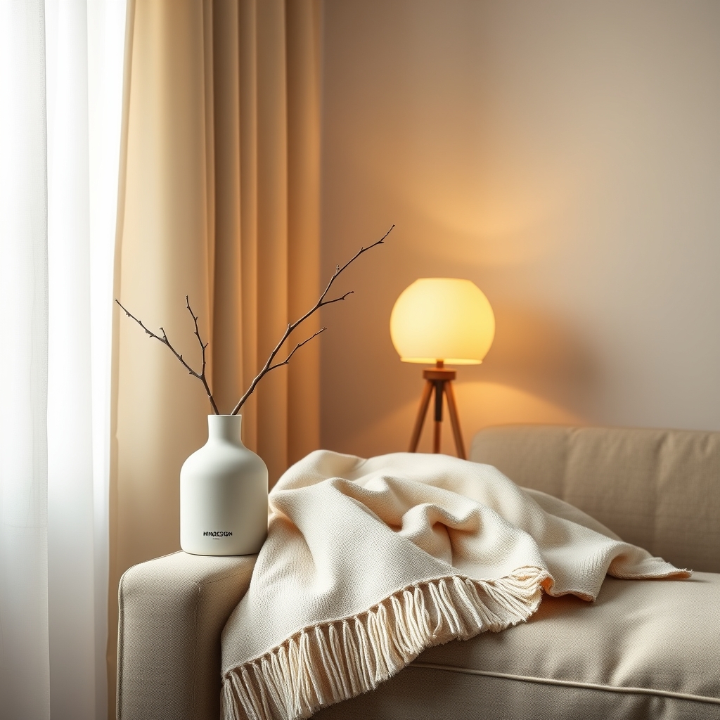 A curated, peaceful corner of a home featuring MINSDESIGN products - a simple vase with a single branch, a softly folded blanket, a minimalist lamp casting a warm glow, all creating a cohesive sanctuary of calm.