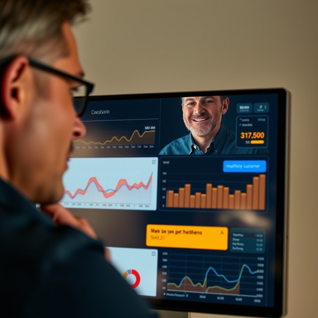 A person looking thoughtfully at a dashboard with graphs, but their reflection in the screen shows them smiling at a heartfelt customer message.