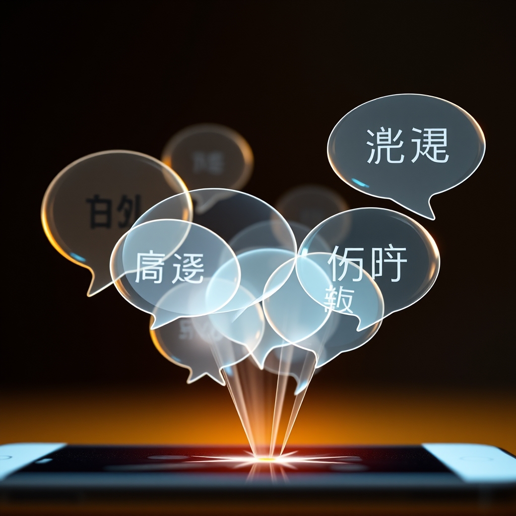 A series of overlapping, translucent speech bubbles rising from a phone screen, containing words like 