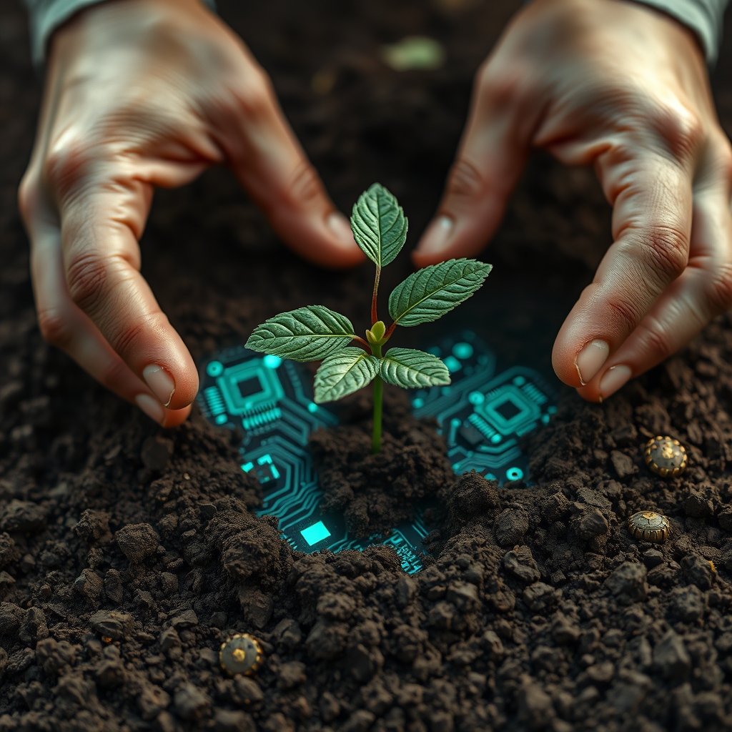 A close-up of hands planting a small sapling in rich soil, with digital circuit board patterns subtly glowing within the soil, symbolizing growth from technology and care.
