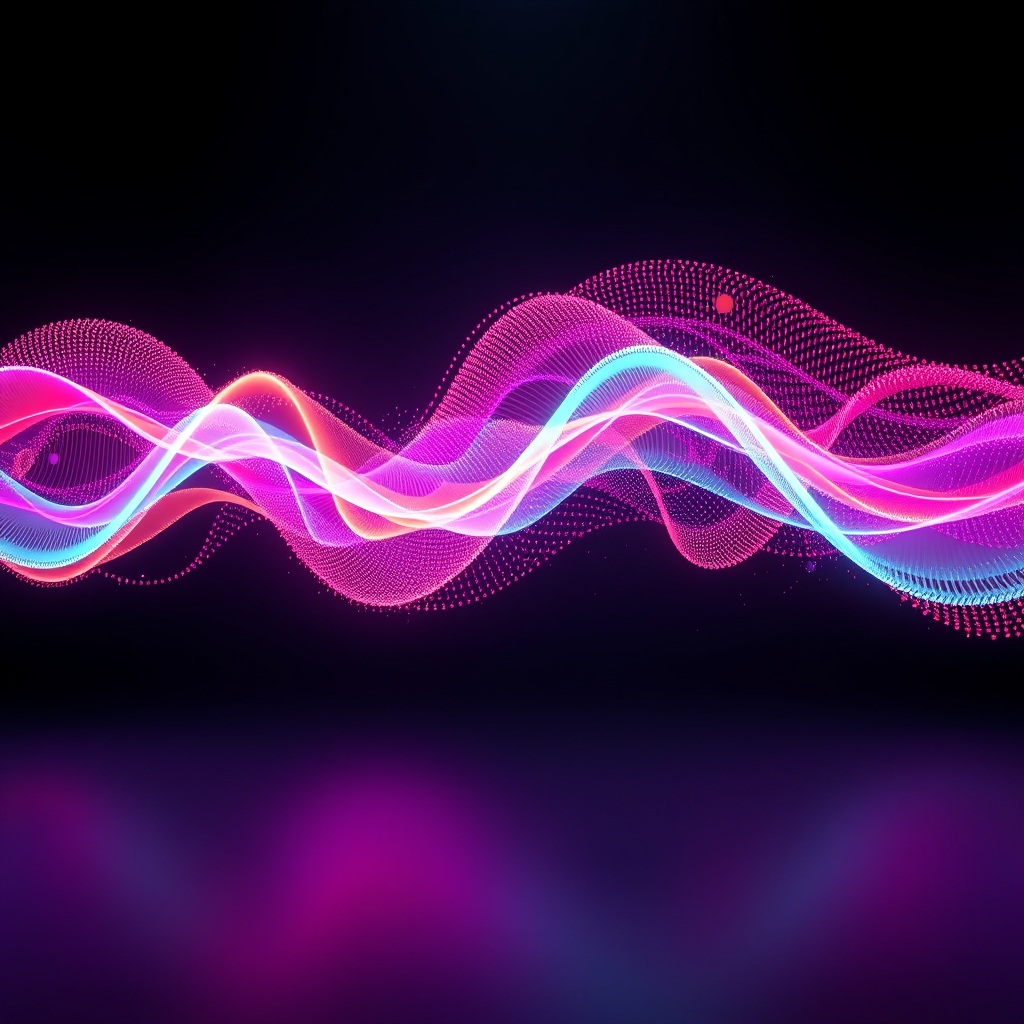A serene, abstract visualization of sound waves transforming into flowing, colorful light particles in a dark space.