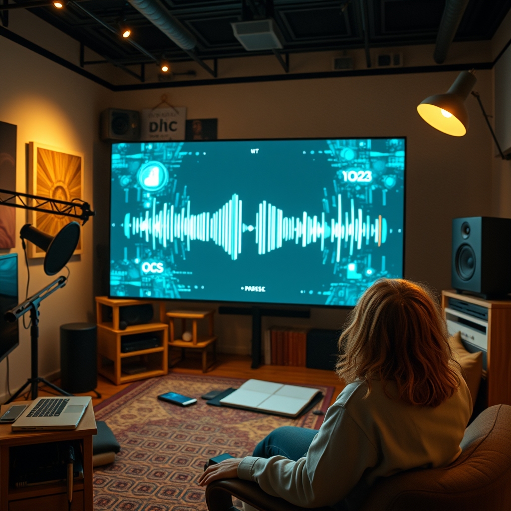 A content creator in a cozy studio, smiling as they watch their voice visualized in real-time on a large, floating screen.