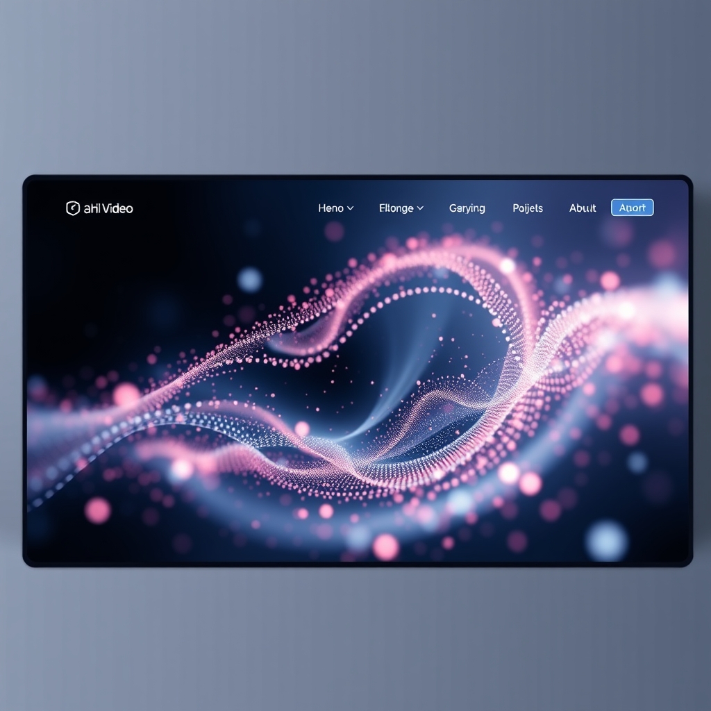A sleek, modern website homepage featuring a dynamic, AI-generated abstract video loop as its hero section, with soft glowing particles flowing in the background.