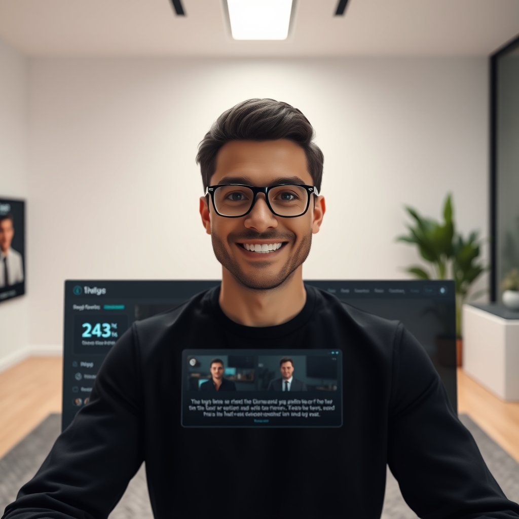 A friendly, photorealistic AI-generated human avatar in a minimalist studio setting, speaking directly to the viewer with a warm smile, overlayed on a website interface.