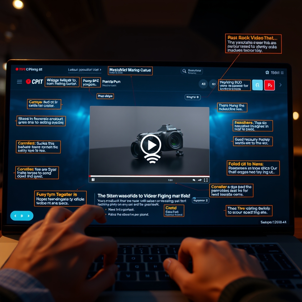An interactive website screen showing a product video where user clicks create ripple effects and generate real-time, AI-powered text annotations and visual highlights.