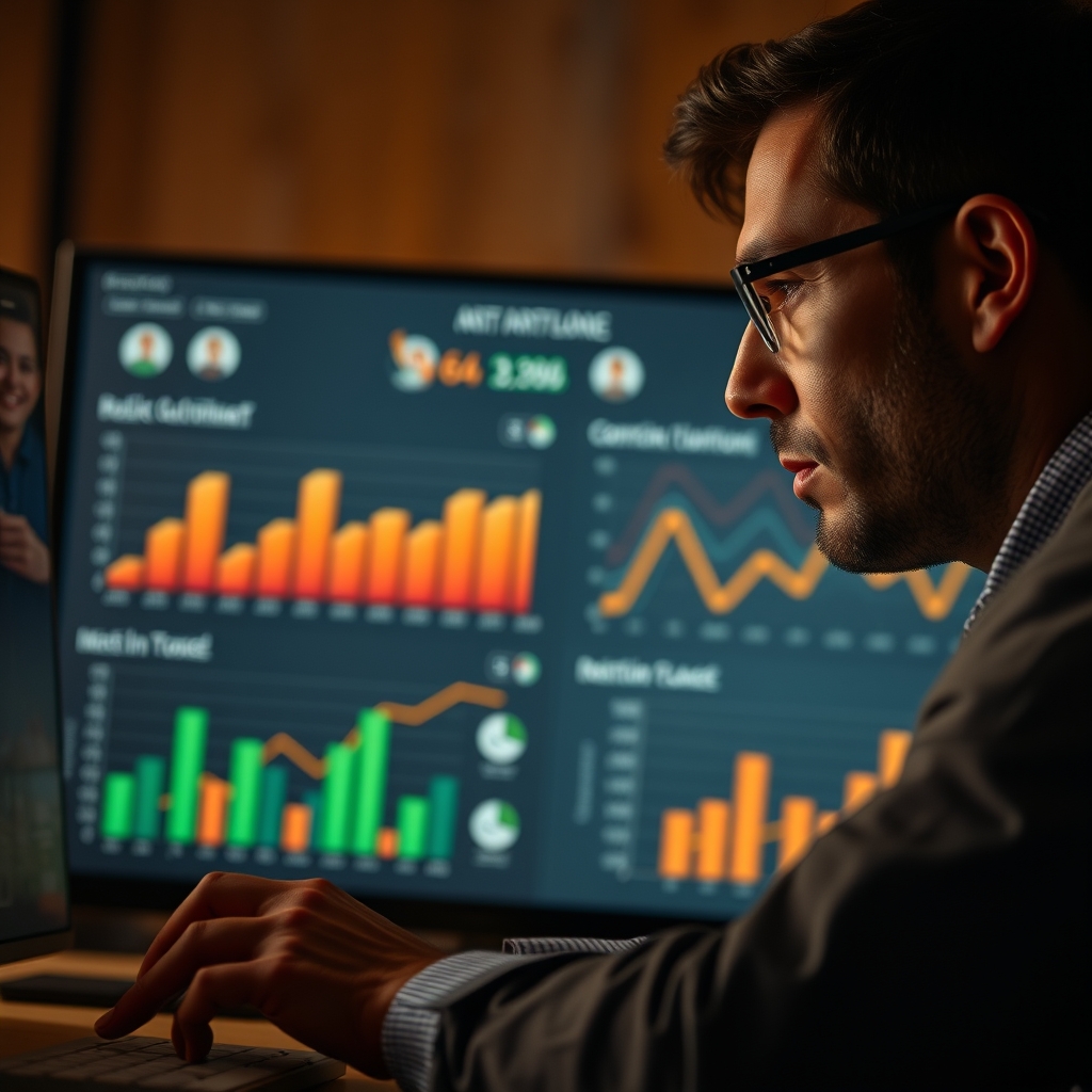 A marketer looking thoughtfully at a dashboard, but the charts are overlaid with gentle, warm light and faint icons of people smiling and chatting.