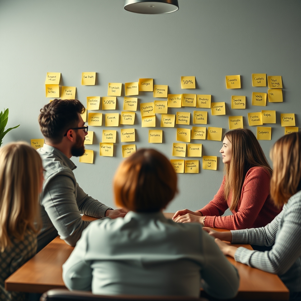 A team brainstorming in a cozy meeting room, with sticky notes on a wall that show both data metrics (like 30% increase) and empathetic phrases like 