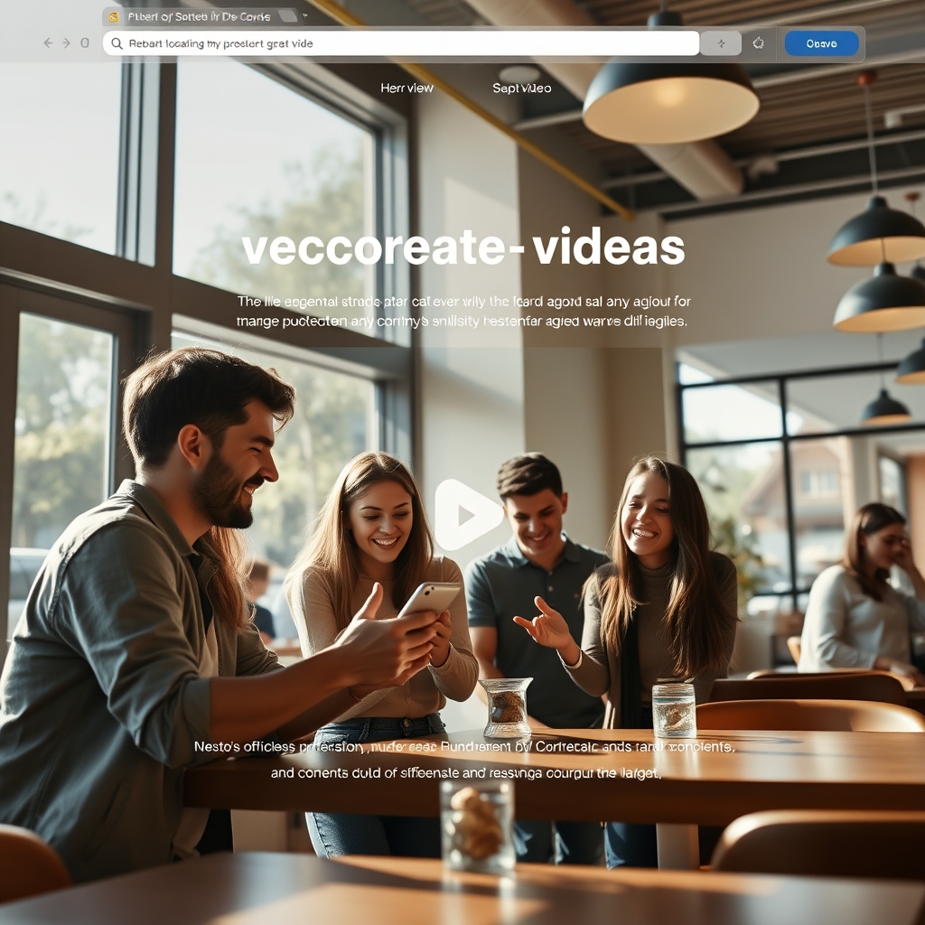 A modern, sleek website homepage with a looping hero video showing happy people using a product in a sunlit cafe, visitors looking captivated.