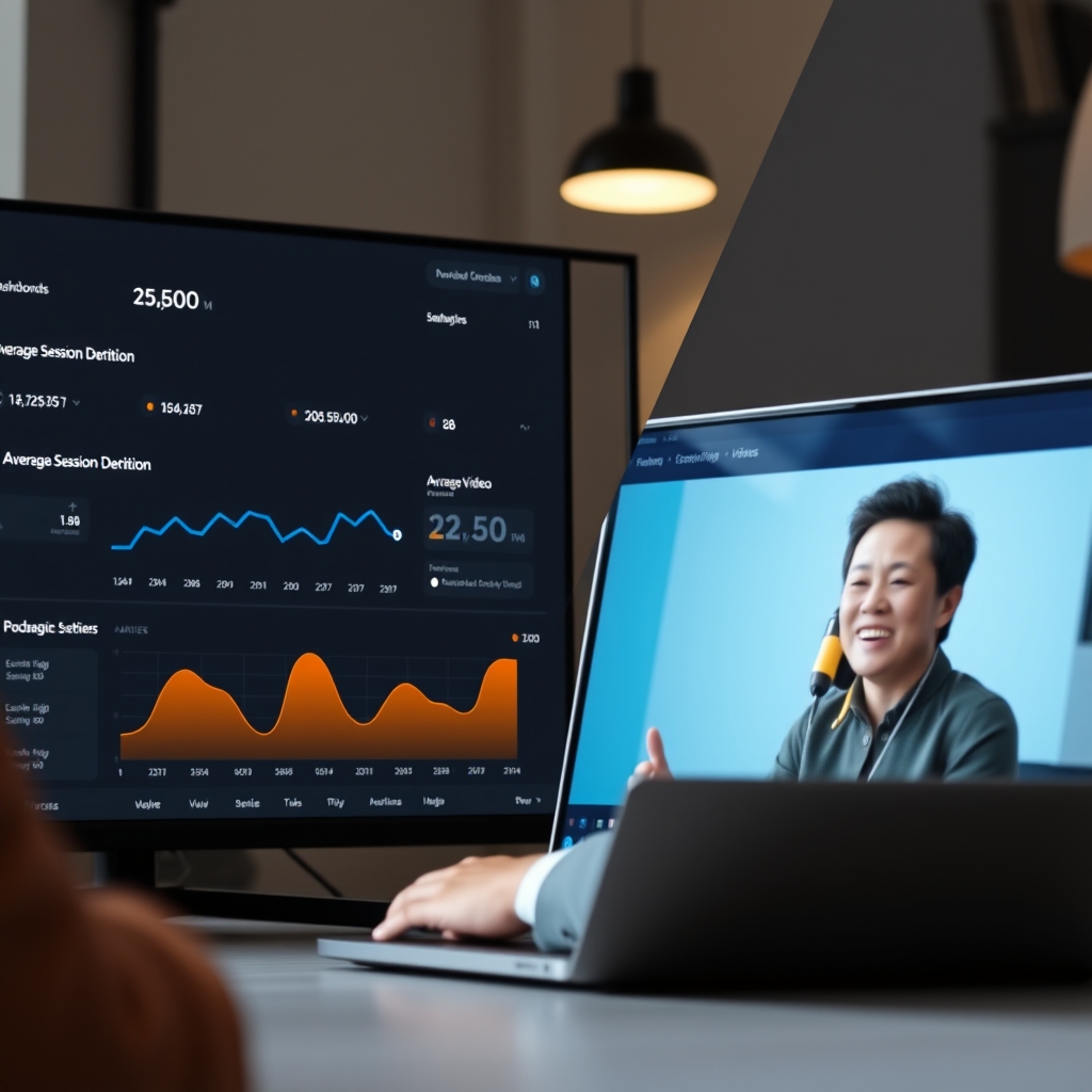 A split-screen showing a website analytics dashboard with high 'Average Session Duration' metrics next to a user smiling while watching an explainer video on a laptop.