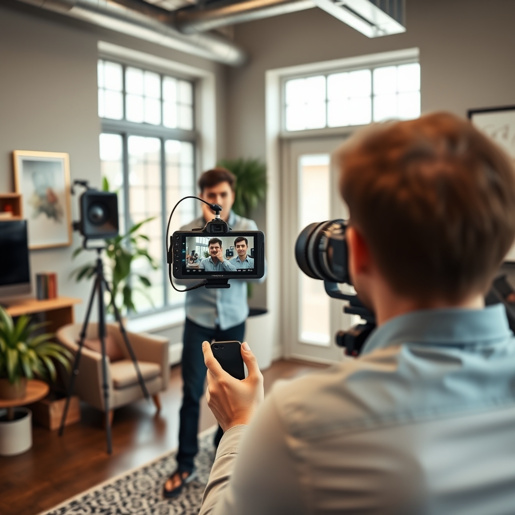 A content creator filming a short, authentic behind-the-scenes video in a stylish office, focusing on genuine storytelling rather than perfect production.