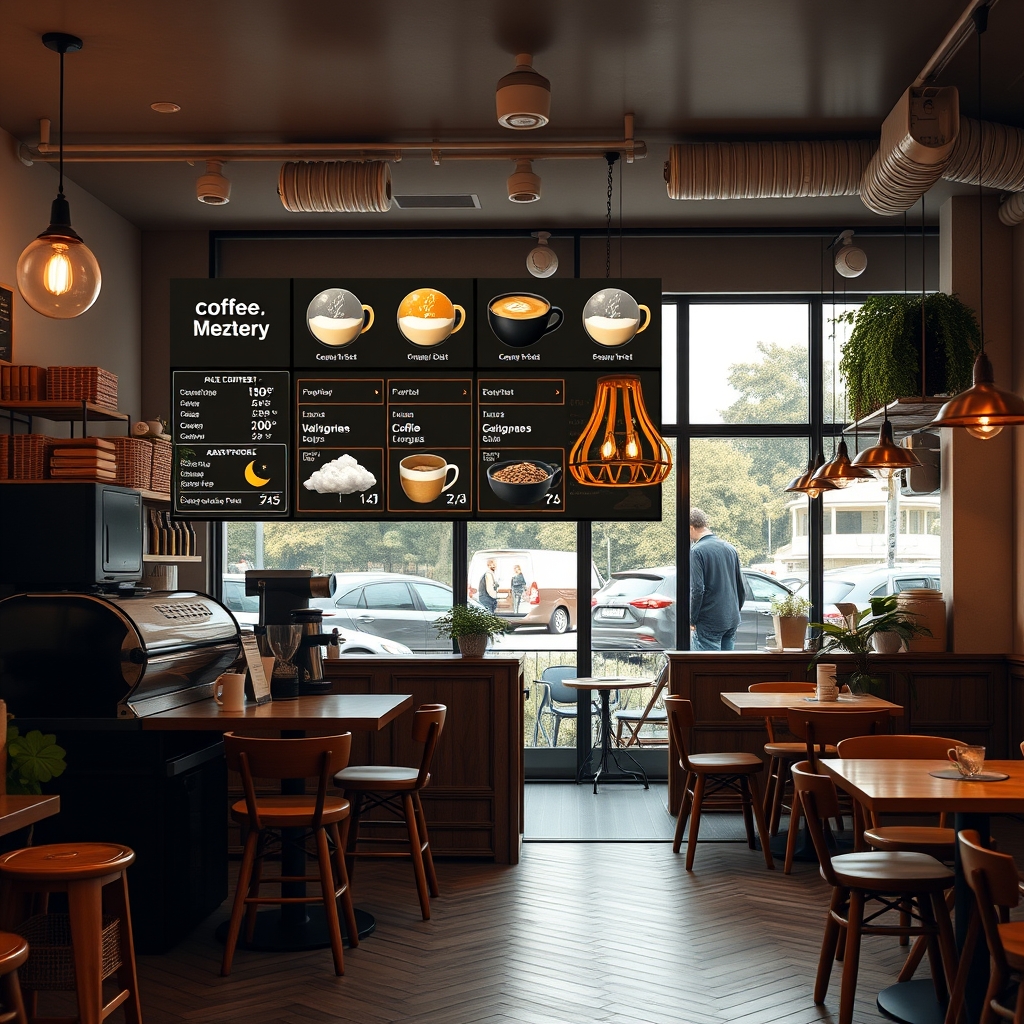 A cozy cafe interior where a digital screen shows personalized coffee recommendations based on weather data and customer profiles, with a warm, inviting atmosphere.