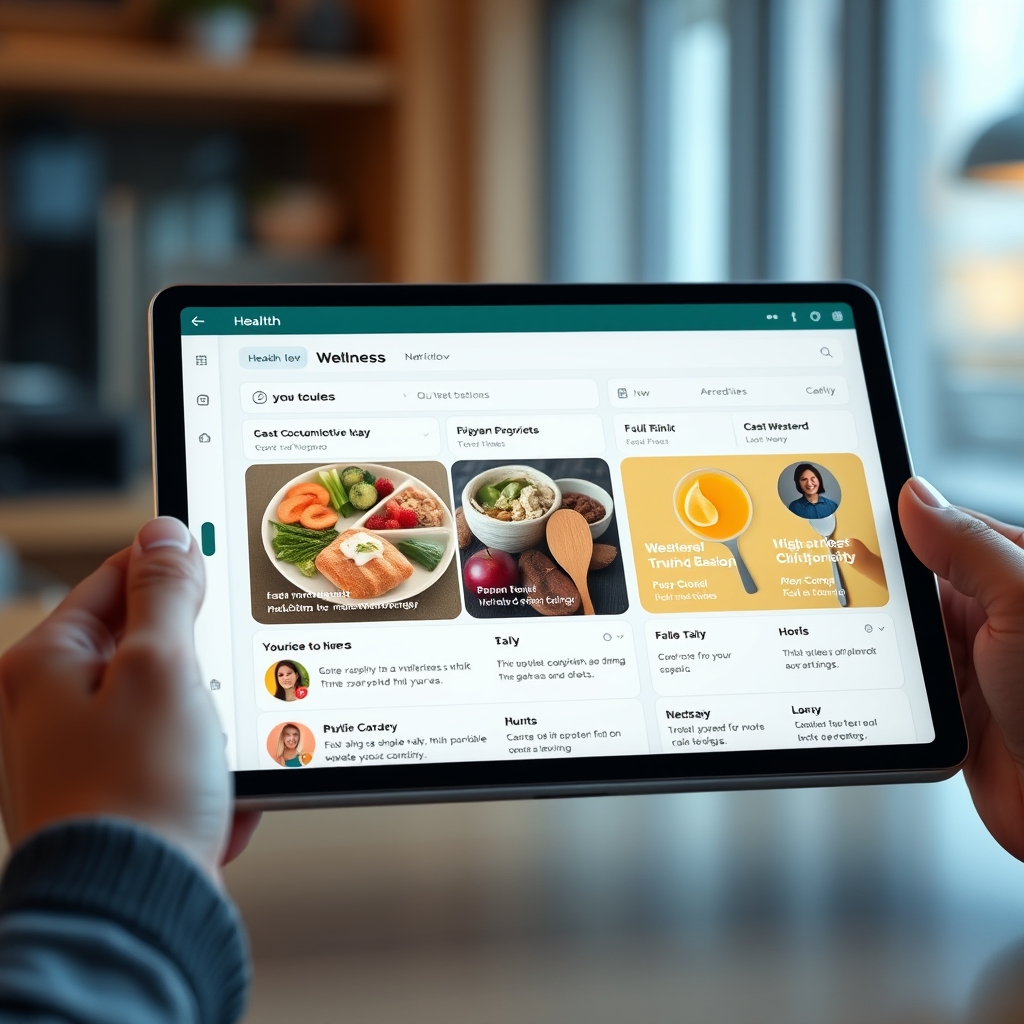 A sleek, futuristic health app interface on a tablet, displaying a fully personalized daily wellness plan with nutrition, workout, and mindfulness tips tailored to one individual.