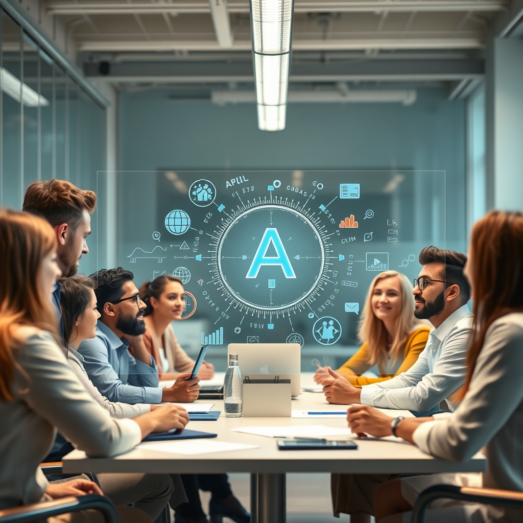 A diverse team of professionals brainstorming in a bright, modern office, with AI-generated visual ideas and data streams floating on a large transparent screen in the center, symbolizing collaboration between human and AI.