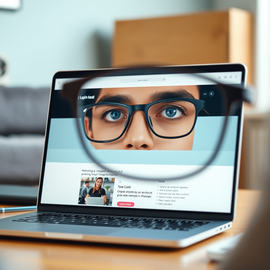 A clean, modern website homepage on a laptop screen, reflected in a person's glasses, symbolizing a mirror and first impression.