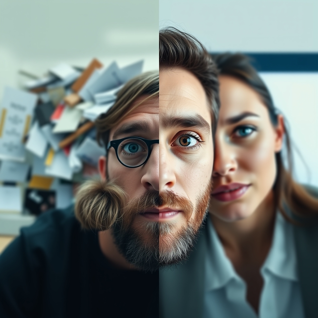A split-screen image showing a messy, cluttered website next to a sleek, minimalist one, with contrasting emotions on a viewer's face.