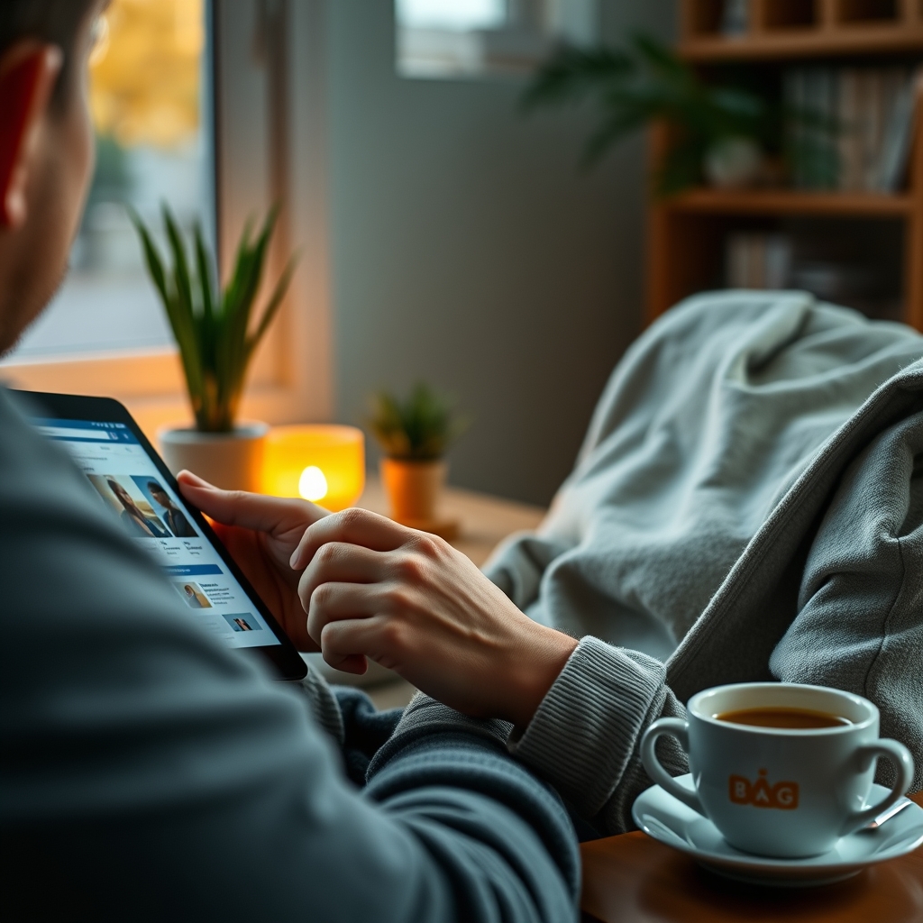 A person thoughtfully looking at their website on a tablet, with a warm cup of coffee beside them, in a cozy home office setting.