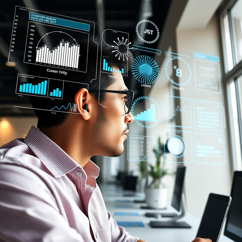 A modern marketer looking at multiple holographic data screens showing consumer trends and AI-generated insights, in a bright, minimalist office.