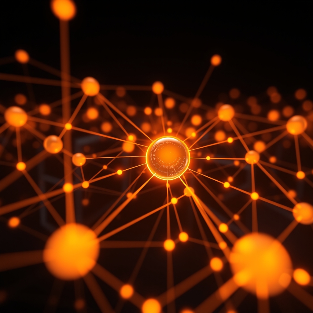 A glowing, abstract network graph visualizing data flows and predictions, with key insights highlighted in warm colors against a dark background.