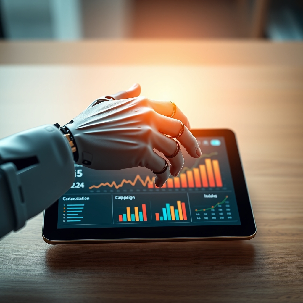 A human hand and a robotic hand meeting over a tablet that shows a successful campaign dashboard with rising graphs, symbolizing collaboration.