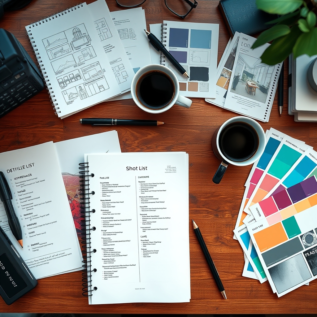 A well-organized pre-production desk with a detailed shot list, storyboard sketches, color palette swatches, and a cup of coffee, top-down view
