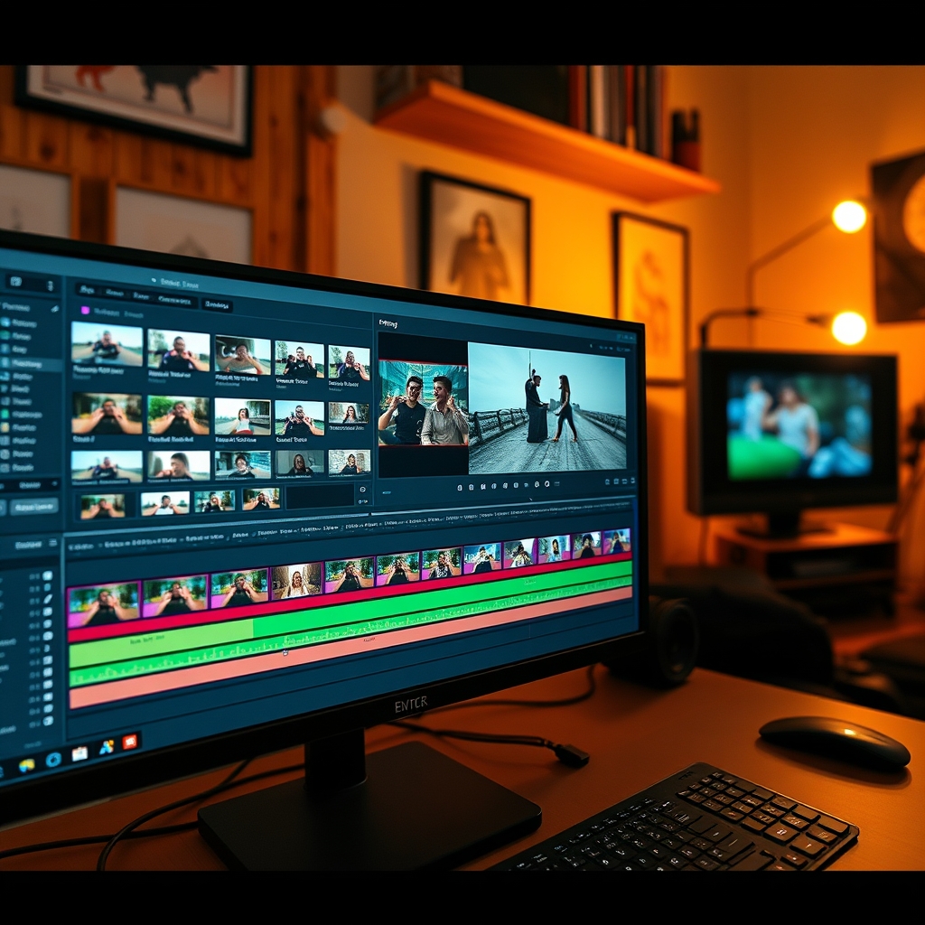 A video editor's screen showing organized timeline with color-coded clips, preset effects panels, and subtitles being auto-generated, in a cozy workspace