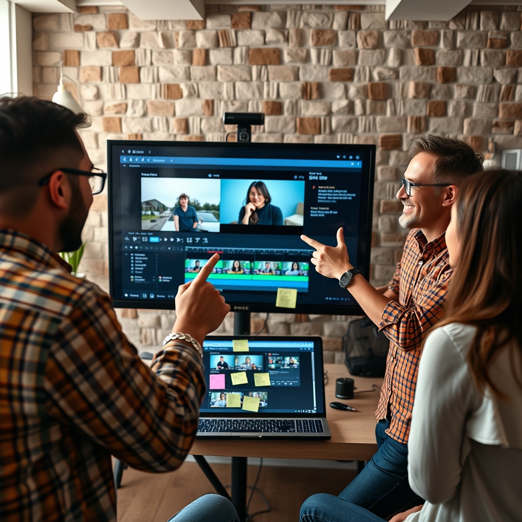 A team of three people collaboratively reviewing a video edit on a large monitor, pointing at the screen and smiling, with sticky notes and a shared online feedback tool visible