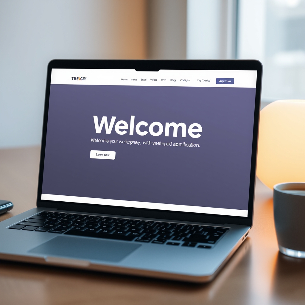 A clean, welcoming website homepage on a laptop screen, with soft light and a cup of coffee beside it, conveying trust and calm.