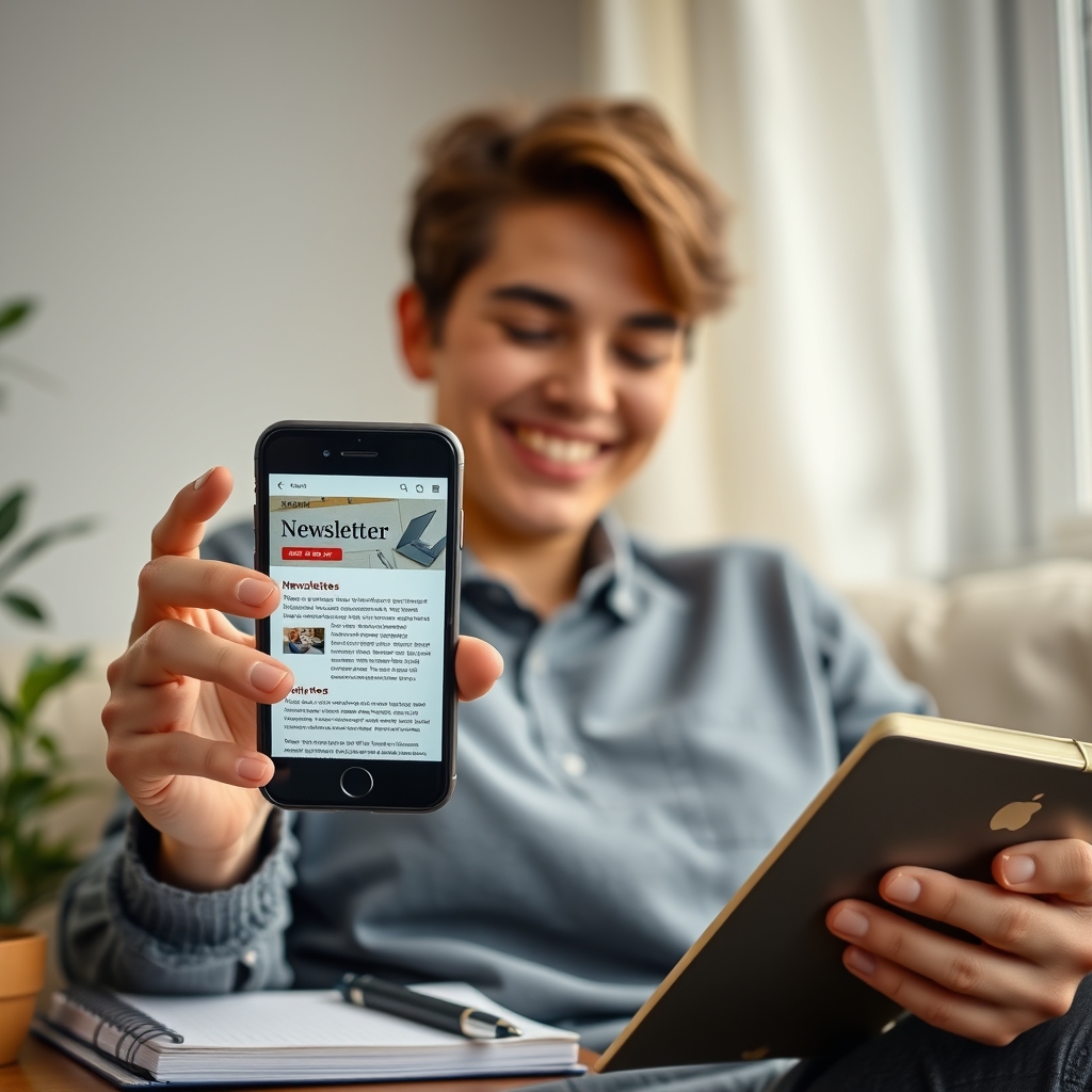 A cozy scene of a person smiling while reading a website's newsletter on a phone, with a plant and notebook in the background, suggesting ongoing connection.