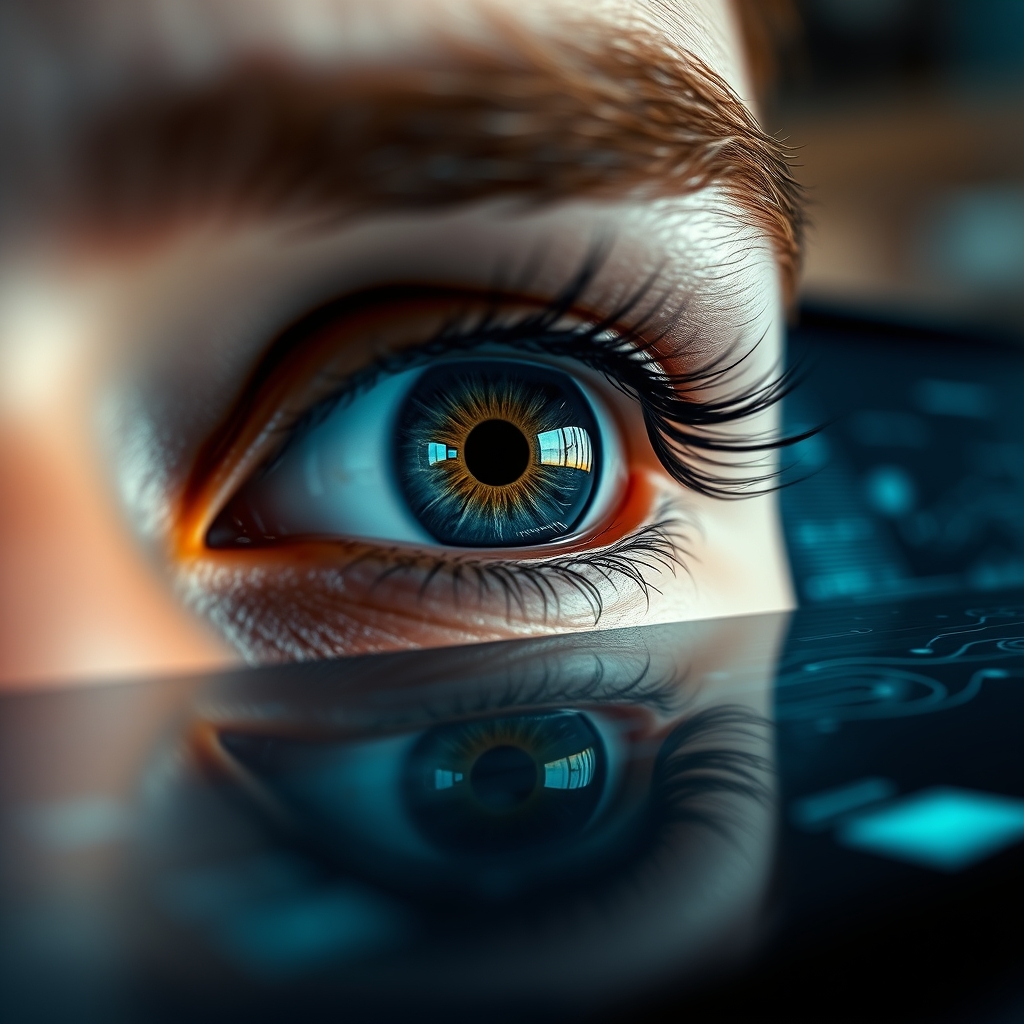 A close-up of a human eye reflected on a sleek, futuristic tablet screen, with subtle data visualizations like gentle waves flowing around the reflection.